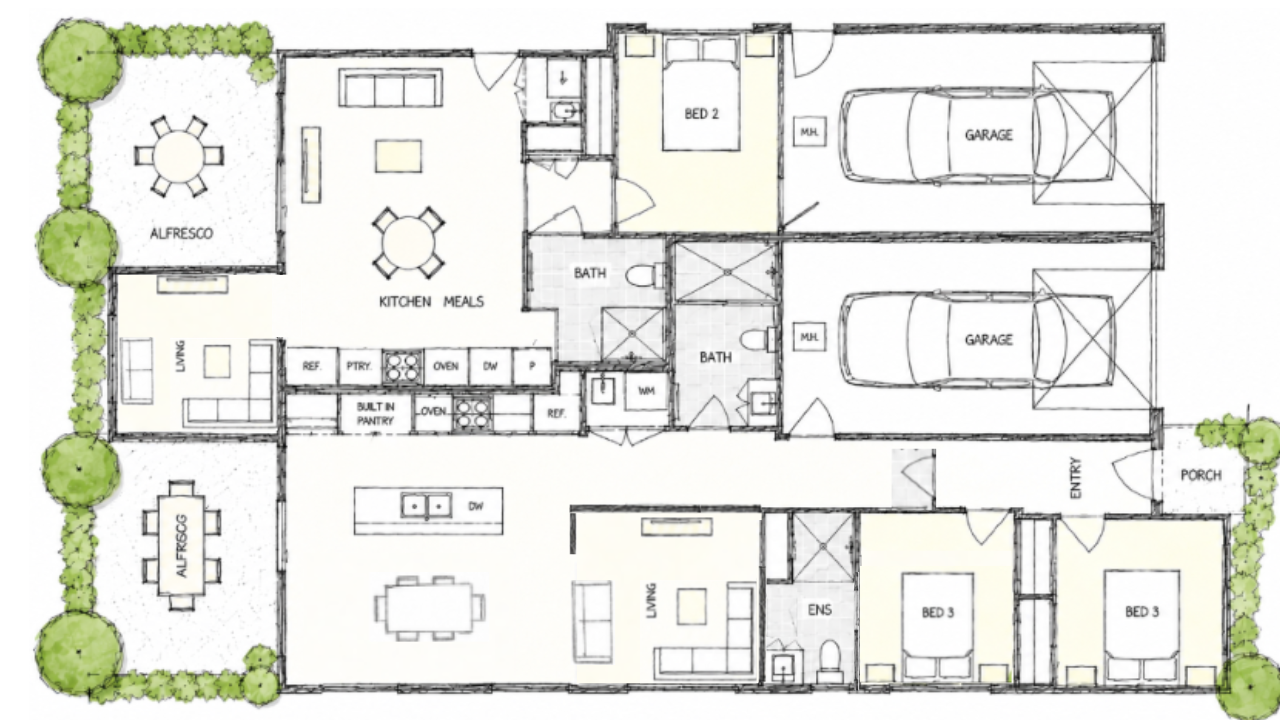 Custom designed dual living floor plan with a two-bedroom home and a one-bedroom home under one roof.
