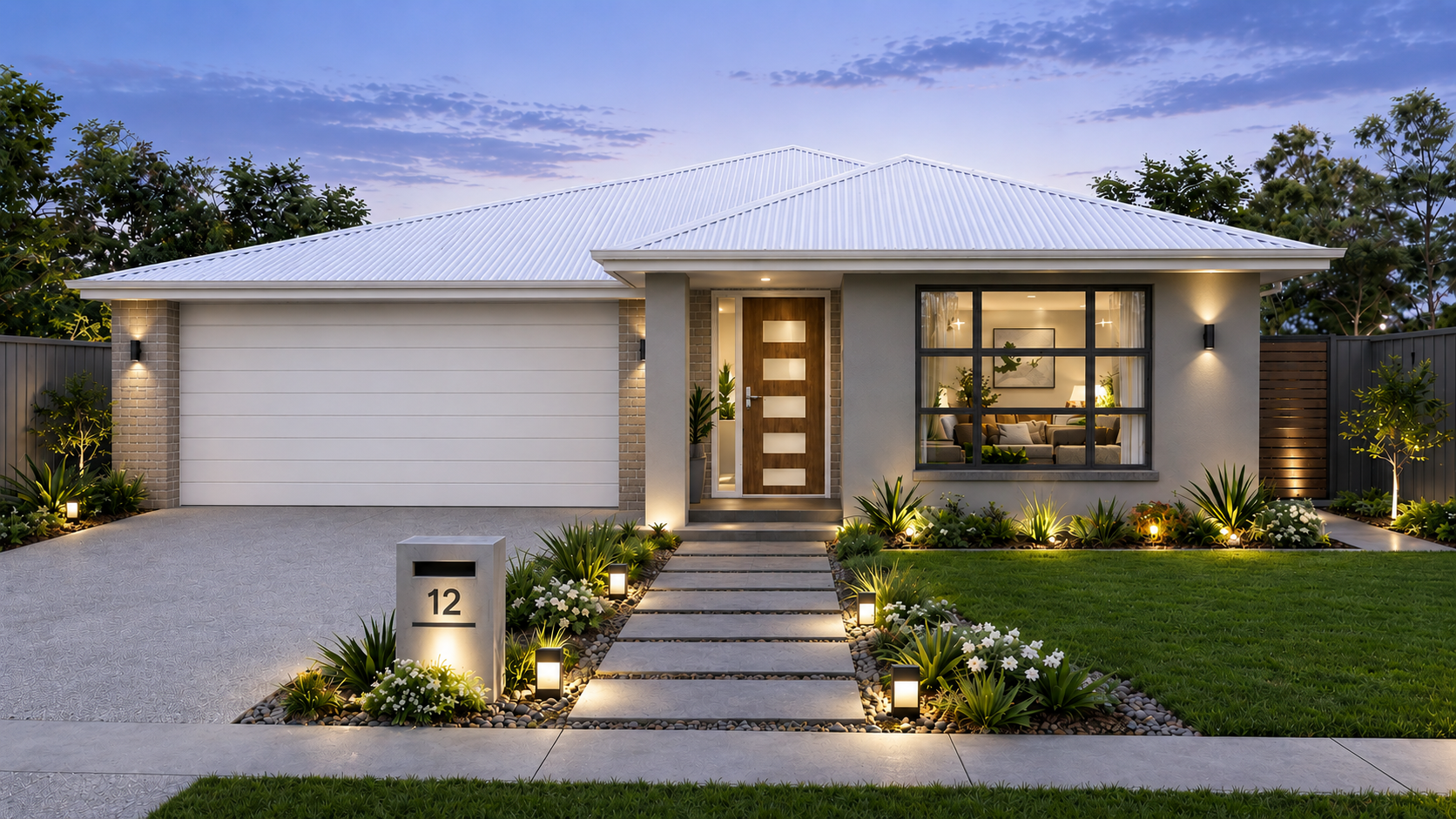 Modern single-storey Share Nest Home facade at dusk with landscaped gardens and warm lighting.