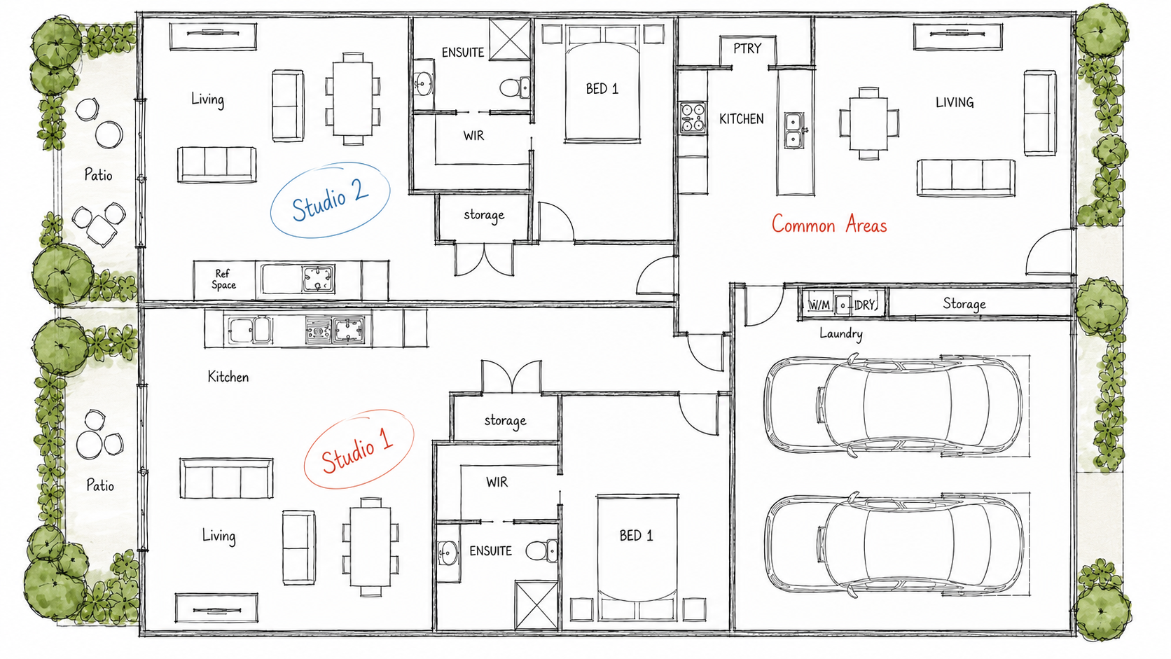 Example floor plan of a two-studio Share Nest Home with private studios, shared kitchen, living and outdoor areas.