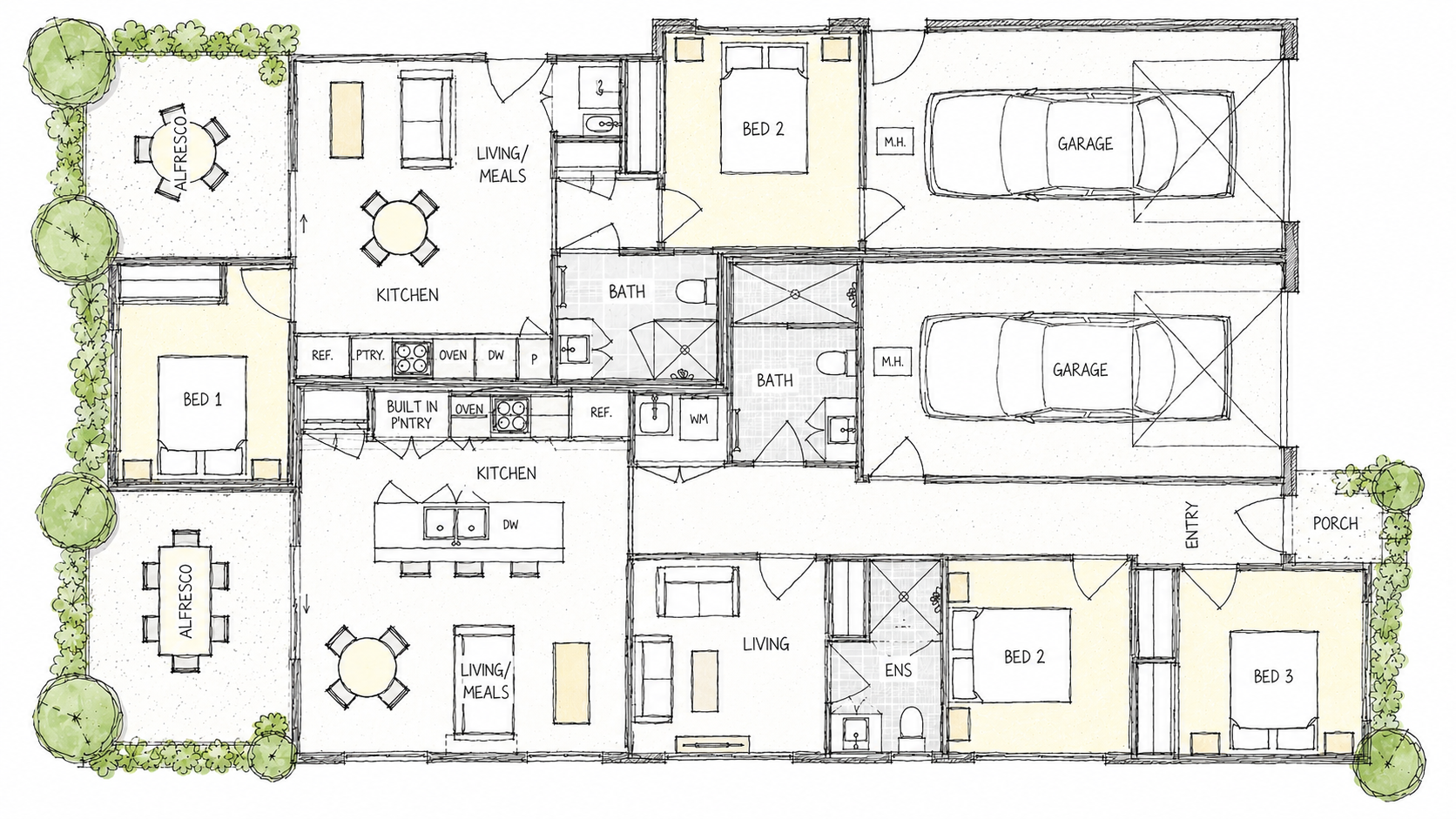 Custom designed dual living floor plan with two separate two-bedroom homes under one roof.