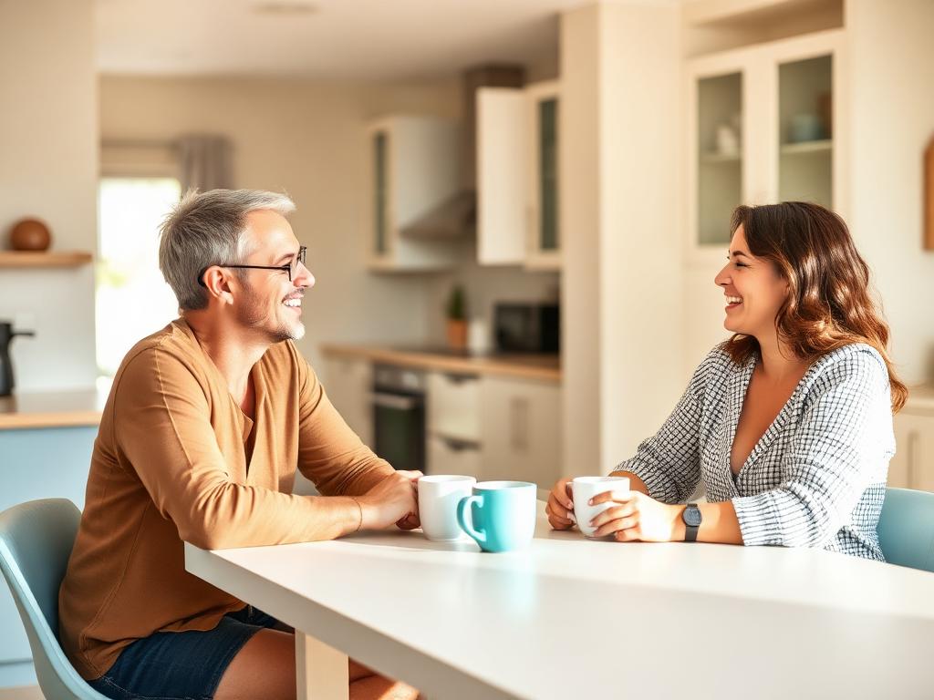 Two friends having a conversation over coffee at a kitchen table