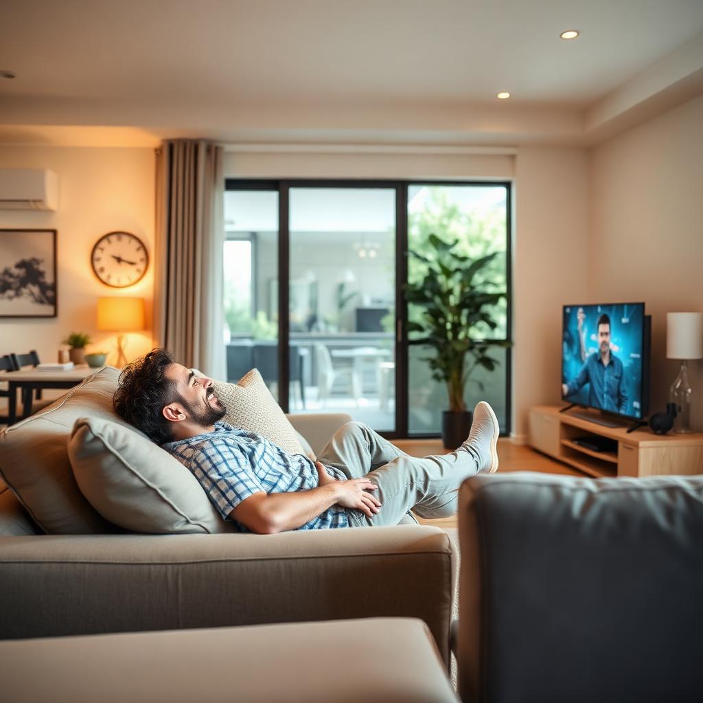 A man relaxing on a sofa watching TV in a bright modern living room