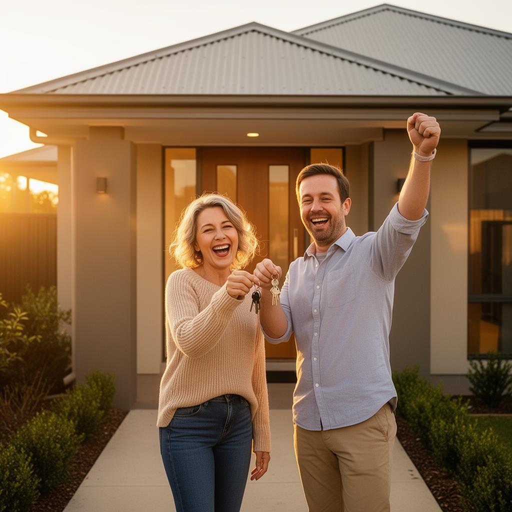 Happy couple celebrating at the front door of their new Share Nest Home