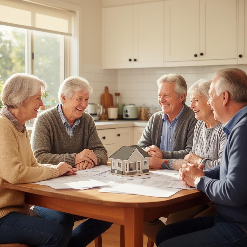 A friendly professional team collaborating with documents and a house model, representing Share Nest's supportive guidance and expertise.
