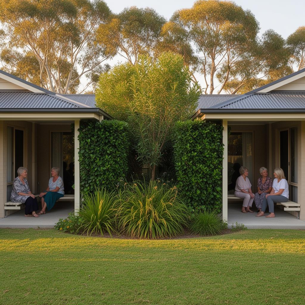 Photo from the back fence looking toward a single-storey symmetrical home on a slab, with two women chatting on each of the two back porches.