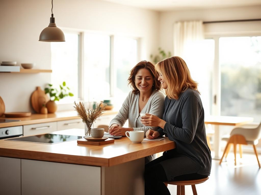 Two women enjoying a peaceful morning coffee together at a kitchen bench