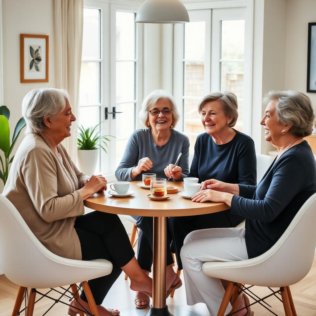 Three women sharing tea and conversation around a small dining table